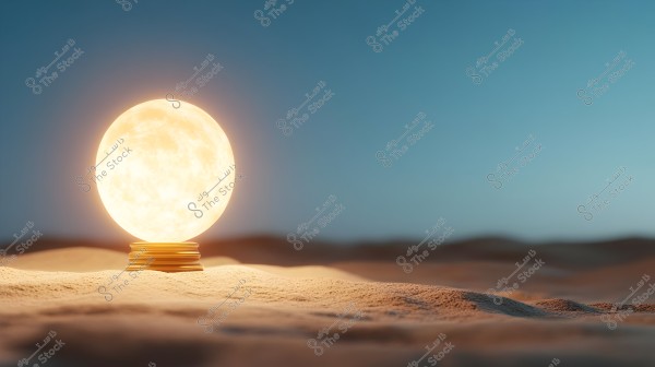An artistic scene in a vast desert, featuring a glowing spherical object resembling the moon placed atop a small base on the sand. The sky is a deep blue, adding a calm and enchanting atmosphere to the scene.