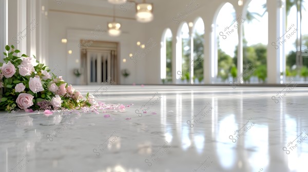 Image of a bouquet of pink and white flowers placed on a shiny marble floor. The flowers include roses and green leaves with scattered petals around them. In the background, a spacious hall with large arched windows is visible, allowing natural light to shine through. Trees and columns are seen outside.