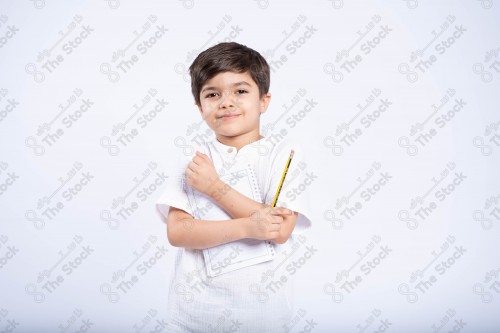 student on a white background, interacting and making a gesture with his hand and, holding a notebook, a pen, thinking, looking amazed or wonder and thinking, back to school.