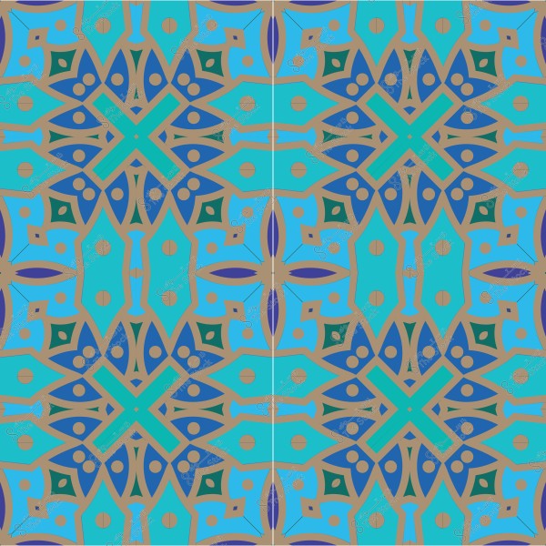 تصميم زخرفي إسلامي متماثل بألوان زرقاء وخضراء وبنية.