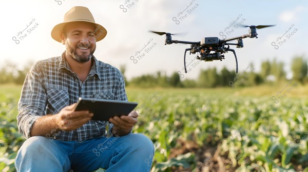The image shows a man sitting in an agricultural field, wearing a hat, a plaid shirt, and jeans, holding a tablet. Next to him, a drone is flying above the plants. The setting is sunny with lush greenery.