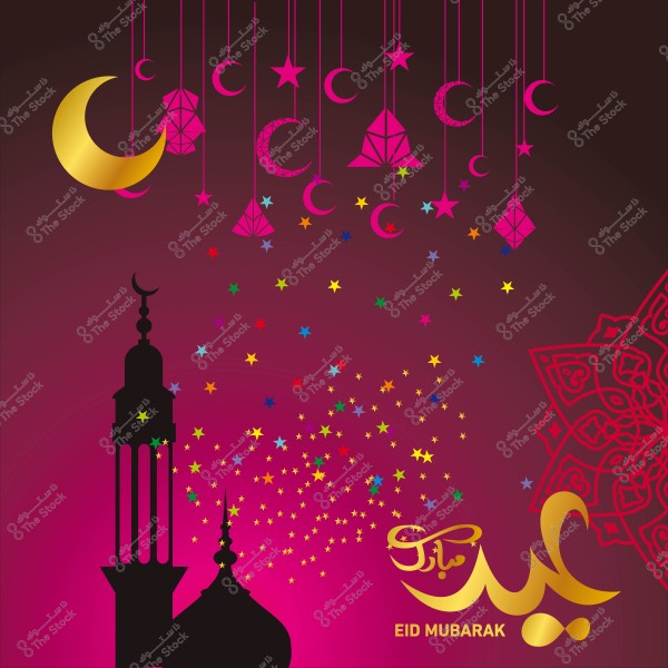 Eid Mubarak greeting card design with a mosque, crescent moon, colorful stars, and Islamic patterns.