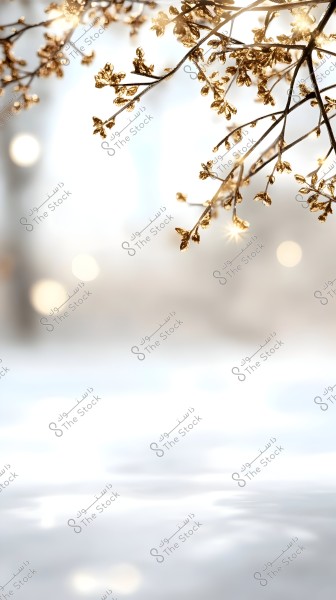 A wild tree branch covered with small golden leaves set against a blurred white and golden background, with softly sparkling, out-of-focus lights creating a serene and artistic atmosphere.