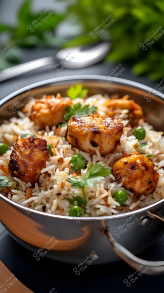 Image of a metal bowl containing biryani rice garnished with green peas and pieces of seasoned and grilled chicken. In the background, a spoon and some green leaves for garnish are visible.