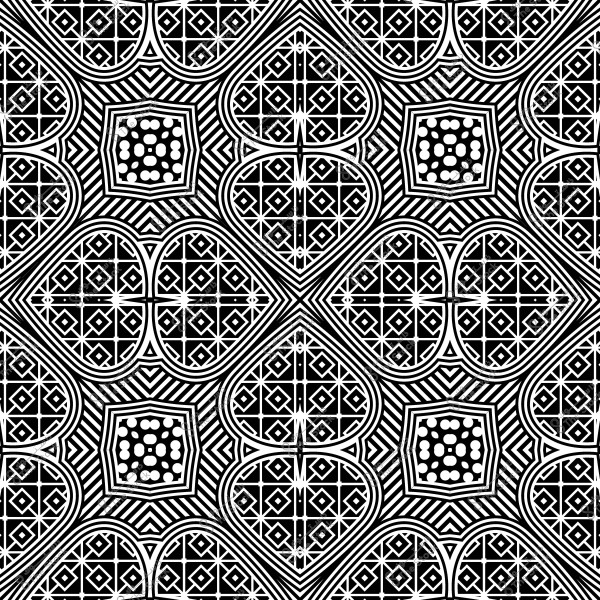 A black and white geometric pattern featuring intricate designs with multiple shapes and intersecting lines.