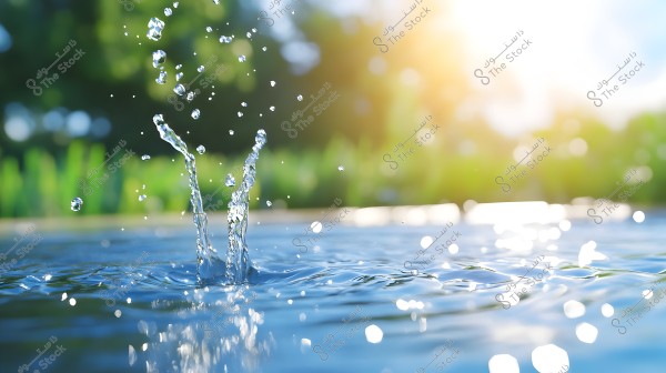 Water droplets splashing in the air above a calm water surface, with a blurred green background and bright sunlight illuminating the droplets and water. The scene captures the vibrancy of nature on a sunny day.