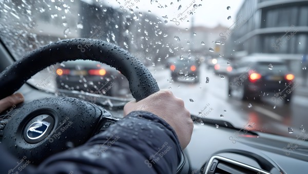 A view from inside a car showing hands gripping a steering wheel on a rainy day. The windshield is covered with raindrops, providing a slightly blurred view of other vehicles on the road. The interior light gives a slight shine to the water droplets.
