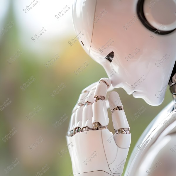 روبوت أبيض بتصميم معدني متطور, يظهر وهو يفكر أو يتأمل. خلفية الصورة ضبابية مما يبرز التفاصيل التكنولوجية للروبوت.