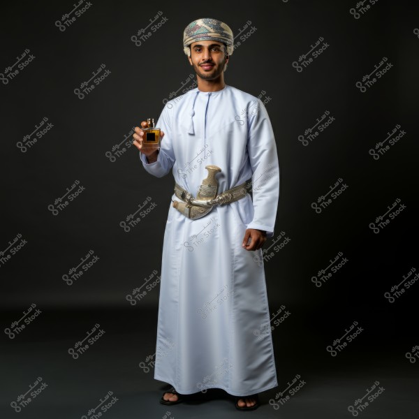 A man wearing a long white robe with a silver belt and an ornate dagger, adorned with a multi-colored turban on his head. He stands against a dark background, holding a small perfume bottle in his right hand.