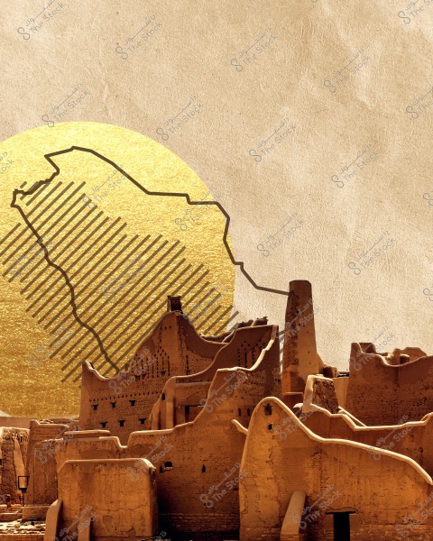 Image depicting traditional mudbrick buildings representing ancient Saudi Arabian architectural style, with a map of Saudi Arabia outlined in lines over a golden circle in the background. The map and heritage architecture highlight cultural and historical identity.