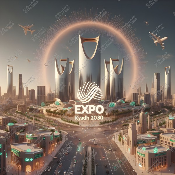 The image depicts a futuristic view of Riyadh city, featuring tall, modern towers that reflect contemporary Saudi architecture. In the center, several planes are flying in the sky, surrounded by circular lights resembling a bubble. In the foreground, buildings are adorned with green lights and geometric decorations, with wide streets bustling with cars. The \"EXPO Riyadh 2030\" logo is prominently displayed at the bottom in bold lettering.