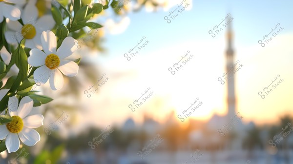 The image features white flowers with yellow centers extending on the left side. In the background, there is a blurred view of a mosque with a prominent minaret, bathed in golden sunlight during sunset, creating a warm and tranquil backdrop.