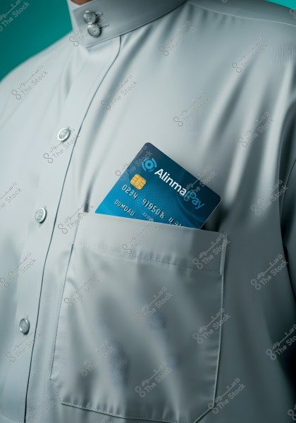 An image of a person wearing a traditional white thobe, which may be of Saudi origin. The front of the thobe features buttons and a pocket. Inside the pocket is a blue bank card, partially displaying the name \"Alinma Bank.\"