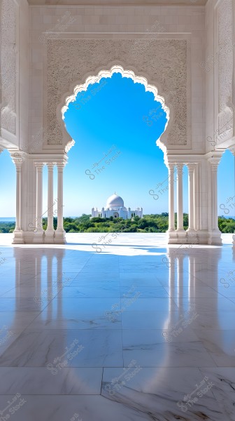 The image depicts an architectural scene focusing on a mosque-like structure with white domes, seen in the distance through an ornate archway with intricate carvings. The ground is covered with shiny marble tiles that reflect the surrounding architecture. The background includes a clear blue sky and green trees.