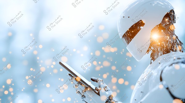 An image of a modern-designed robot in white, holding a tablet with one hand. The robot is surrounded by sparkling lights against a blurred blue background. The design showcases mechanical and internal details of the robot.