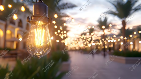 An image of a classic illuminated bulb in the foreground, with a blurred background featuring twinkling lights scattered beautifully along a pathway adorned with palm trees. Buildings appear on the sides, and the sky in the background is visible during sunset.