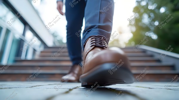Image showing a shiny brown shoe in the foreground with a person walking, wearing blue trousers, on stairs. The background has a blurred effect with glimpses of trees and buildings.