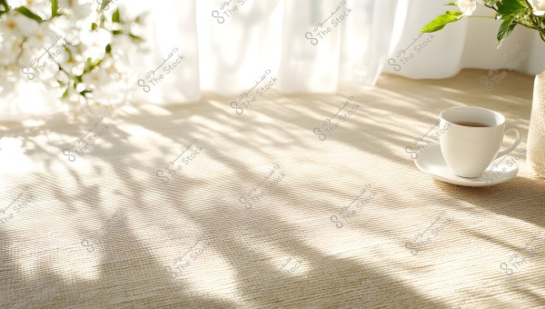A cup of coffee sits on a white saucer on a sunlit table. In the background, there are shadows of branches and white flowers, with soft white curtains creating a serene atmosphere.