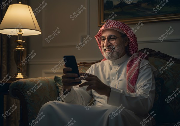 A man is sitting on a sofa in a warmly lit room, wearing traditional Saudi attire with a red and white checkered headscarf, looking at a mobile phone with a smile. There is a lamp on the table beside him and a painting hanging on the wall behind him.