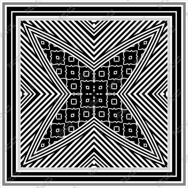 Black and white geometric design with a repeating pattern and floral shapes within a symmetrical frame.
