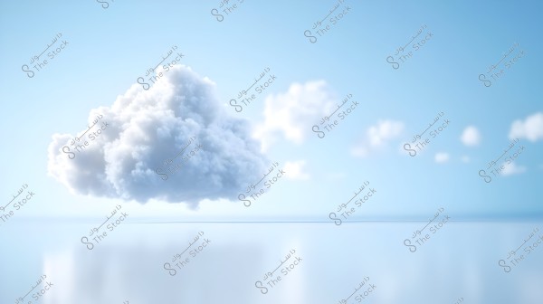 An image of a large white cloud floating in a clear blue sky, with a faint reflection on the shiny surface below, and other small clouds visible on the distant horizon.