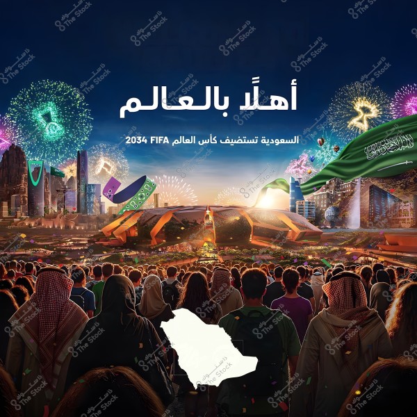 The image shows a large crowd of people looking towards a festive scene in a futuristic Saudi city. The background features modern buildings and recognizable landmarks, with fireworks lighting up the sky. Arabic text appears welcoming the world, indicating Saudi Arabia\'s hosting of the 2034 FIFA World Cup. The Saudi flag is waving alongside a sky filled with colorful fireworks.