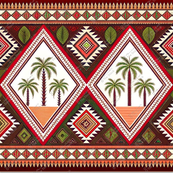 تصميم زخرفي تقليدي يحتوي على أنماط هندسية تتضمن أشكال الماس والدوائر بألوان حمراء وخضراء وبيضاء. يوجد في مركز التصميم شكلان مع نخلات محاطة بألوان وأنماط شبيهة بالسجاد التقليدي. يُعبر التصميم عن فن زخرفي تقليدي غالباً ما يرتبط بالتراث العربي.