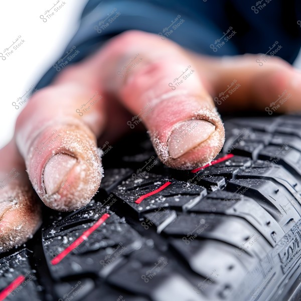 A close-up image of a hand pressing on a car tire. The hand is covered with some snow or frost, indicating cold conditions. The tire\'s details are clear, showing tread patterns with red lines.