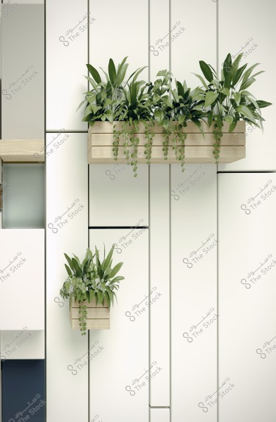 An image depicting a modern-designed wall with interlocking colored units in shades of white, gray, and blue. Mounted on the wall are two rectangular wooden planters containing green plants. The plants vary between long leaves and small, round leaves cascading down from the planters. The design evokes a sense of freshness and nature.