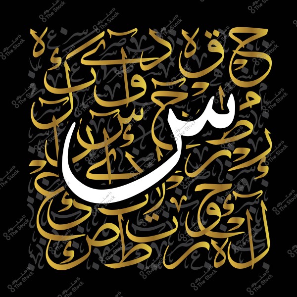 صورة فنية تظهر حرف "س" مكتوبًا بالخط العربي باللون الأبيض في مركز الصورة, محاطًا بعدة كلمات مكتوبة بالخط العربي أيضا باللون الذهبي على خلفية سوداء. التكوين يظهر توازنًا بين اللونين ويبرز جماليات الخط العربي وفن الحروف.

-