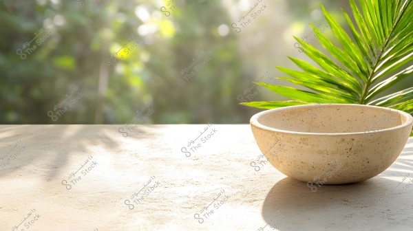 Image of a round stone bowl placed on a light-colored wooden surface, with part of a green palm leaf visible on the right. The blurred background contains green hues, suggesting the presence of plants or trees.