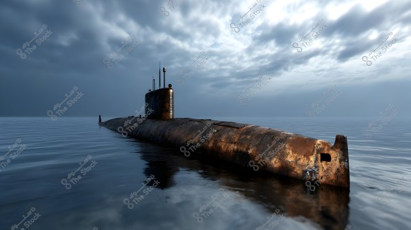A rusty submarine floats on the surface of the sea on a cloudy day. The sky is covered with thick clouds that reflect on the calm water surrounding the submarine.