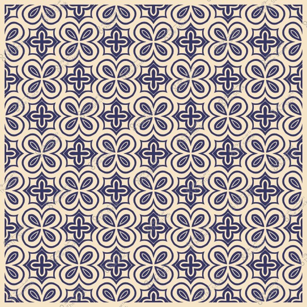 A decorative pattern with floral shapes in blue and cream, forming a symmetrical design.