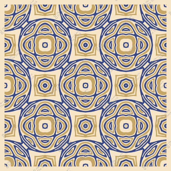 Symmetrical ornamental pattern with blue and gold geometric shapes on a beige background.