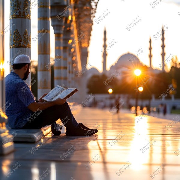 A man sits on the pavement in a mosque, reading a religious book during sunset. He is wearing a blue shirt and a white cap. Decorated columns are visible on the left side, with a dome and minarets in the background under the warm sunlight.