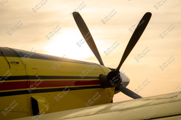 The image shows part of an airplane with a propeller engine in yellow color, adorned with red and black stripes. The background features a sunny sunset sky, adding a warm and bright effect to the scene.