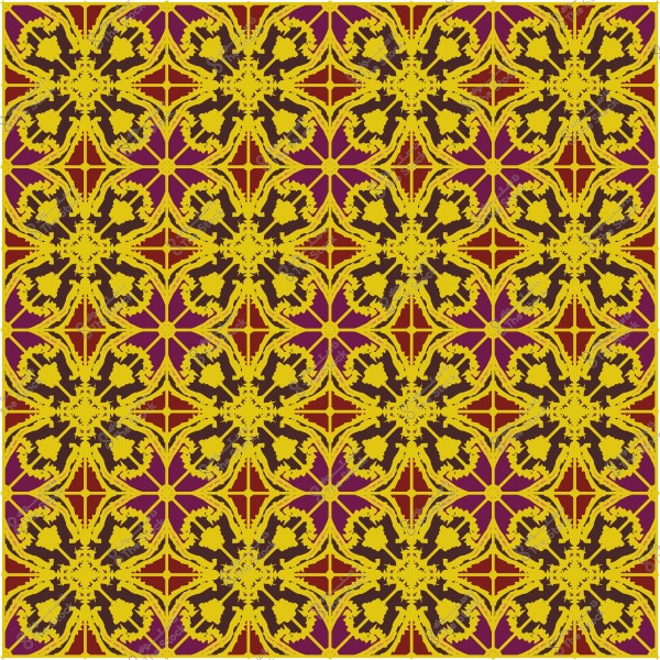 نمط زخرفي هندسي بألوان ذهبية وأرجوانية يتكرر بشكل متناظر.