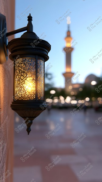 A wall-mounted lantern with intricate designs is lit in the evening. In the blurred background, a mosque\'s minaret is visible, with twinkling lights on the ground, creating a poetic and serene atmosphere.