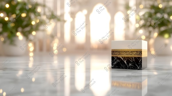 An image of a cube designed to resemble the Kaaba, featuring white and black colors with golden embellishments including Arabic texts. The decorations appear on the upper third of the cube, while the lower third is black with a marble-like texture. The background conveys a festive atmosphere with bokeh lights and plants.