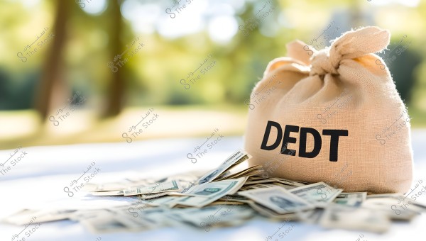An image of a cloth bag with the word \"DEBT\" printed in large black letters, placed on a white table outdoors with green trees in the background. In front of the bag, there is a spread of one hundred dollar bills.
