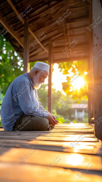 An elderly man sits meditatively in a serene moment on a wooden platform under a shaded roof, with the sun setting in the background, casting beautiful golden rays. The man is wearing a checkered shirt and a white cap.