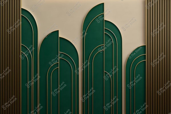 An artistic design featuring geometric patterns in green and gold on a light beige background. The patterns have curved lines and arched sections, creating an elegant and sophisticated appearance. The outer frame includes vertical brown lines.