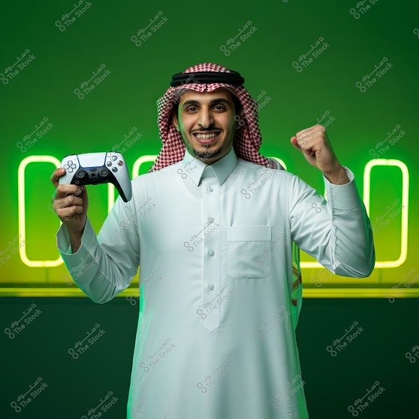 A portrait of a man wearing traditional Saudi attire, including a white thobe and a red and white checkered headscarf, holding a video game controller. He stands against a bright green background featuring neon lights. The man is smiling and raising his other fist in a gesture of triumph or happiness.