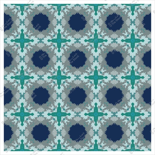 Symmetrical geometric pattern with intricate floral shapes in blue and green.