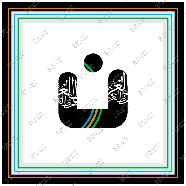 Image featuring a Saudi emblem with an abstract black shape, including stripes in green, blue, and gold. There is Arabic calligraphy on the base of the emblem. The picture is bordered by a frame in matching colors.