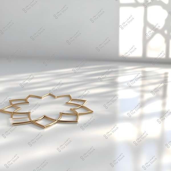 A golden geometric art design placed on a white surface. Light passes through a lattice screen, casting shadows onto the surface. The design reflects Islamic or Eastern ornamentation style.