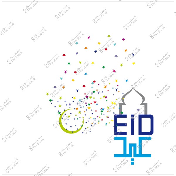 A design featuring the word \"Eid\" in colorful text with a crescent moon and multicolored stars in the background.