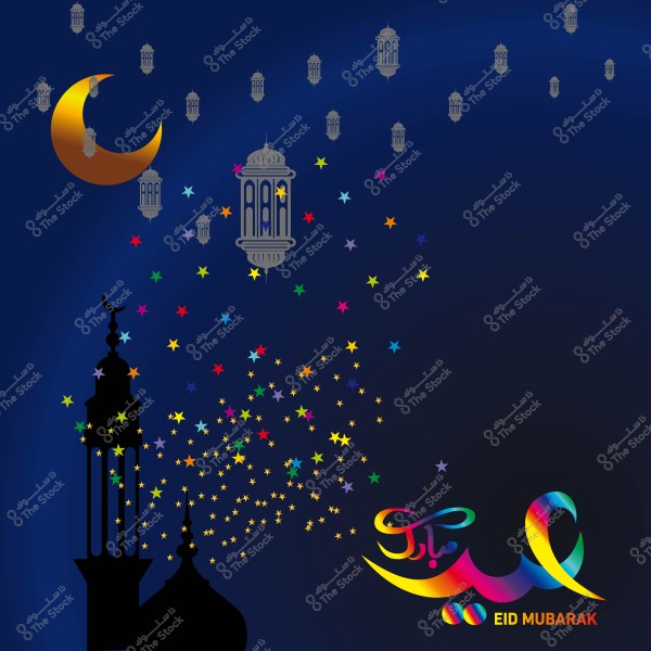 تصميم يحتفل بعيد مبارك مع هلال وفوانيس ملونة ونجوم في السماء.