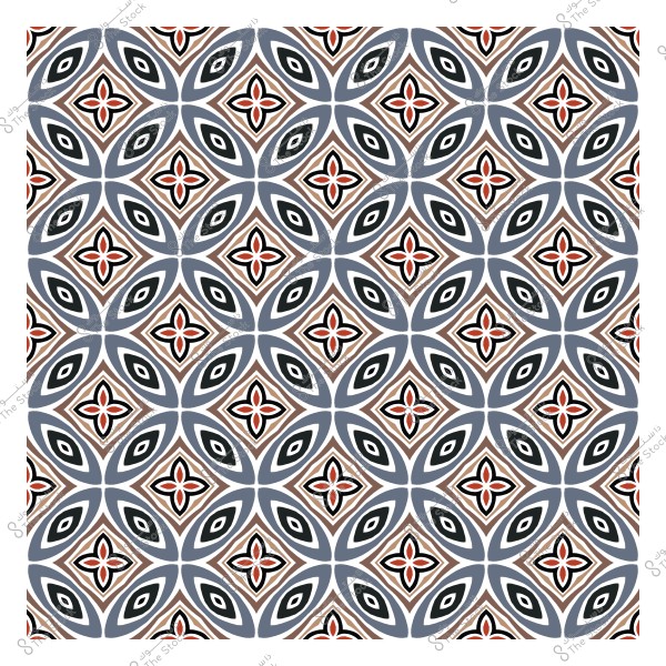 Symmetrical geometric pattern in blue, orange, and black colors.