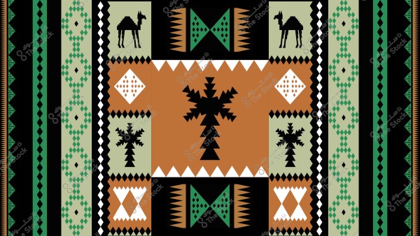 تصميم زخرفي يحتوي على أنماط هندسية مختلفة موزعة بتناسق. تظهر في الصورة رسومات لأشجار النخيل والجمال على خلفية بألوان البني, الأخضر, الأسود, والأبيض. التصميم يعكس الطراز التقليدي للسجاد العربي.